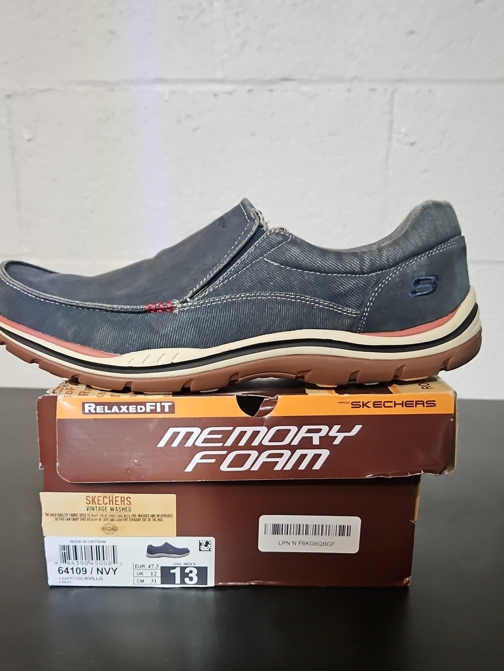 Skechers Men's Blue Slip-On with Tan Outsole and Pink Accent